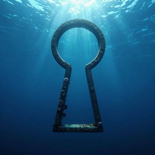 Photograph of a large, weathered key floating underwater with sunlight filtering through, creating a mystical, blue-hued atmosphere.