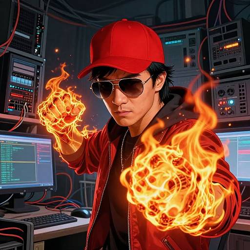 Photographic-style digital art of Asian man in red cap, sunglasses, black hoodie, and red jacket, conjuring fire from hands in a dimly