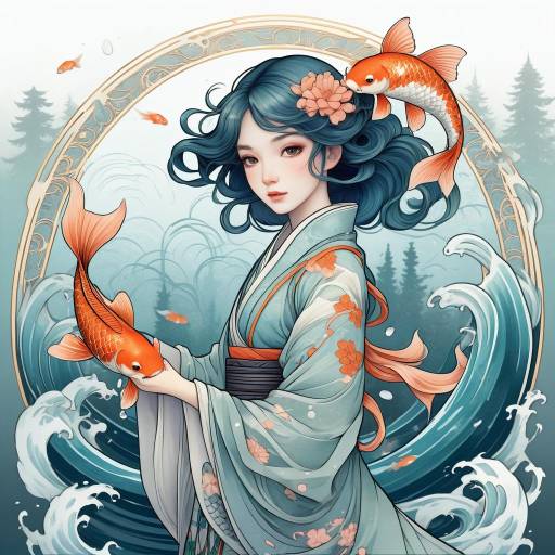 Anime Character in Art Nouveau Koi Design