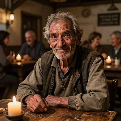 Photograph of an elderly man with gray hair and beard, smiling warmly in a dimly lit, cozy tavern, surrounded by candles and blurred patrons.