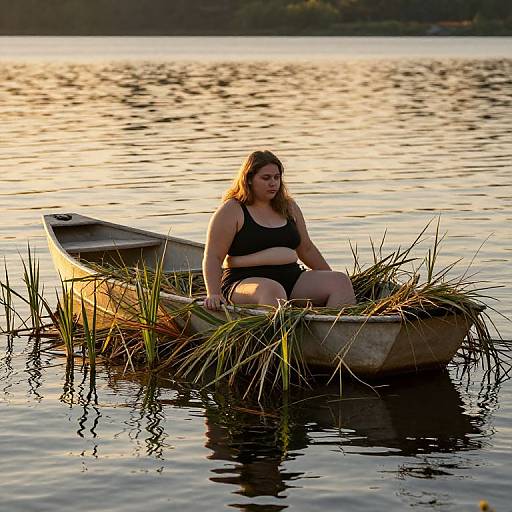 Photograph of a plus-size woman with long brown hair, wearing a black sports bra and shorts, sitting in a small wooden boat surrounded by grasses