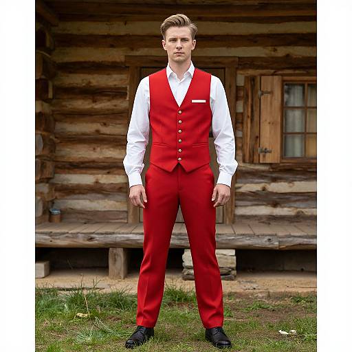 Photograph of a young Caucasian man with short brown hair, wearing a red vest, white shirt, and matching red pants, standing in front of a