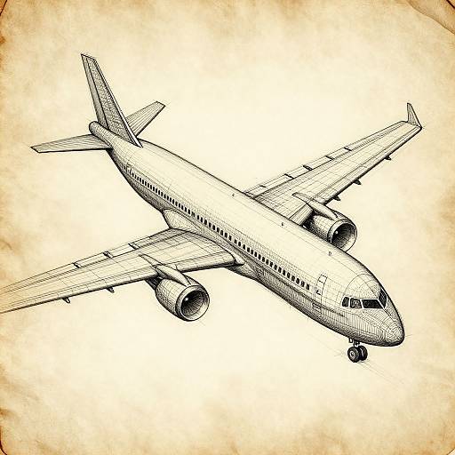 Detailed black-and-white pen sketch of a commercial airplane in flight, viewed from above, with textured beige background.