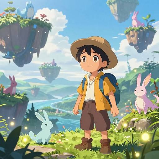 Anime-style drawing of a young boy with a hat, backpack, and yellow shirt, standing in a vibrant, floating island forest with cute, colorful rabbits