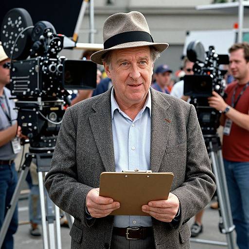 Photograph of an older white man in a gray suit, white shirt, and fedora, holding a clipboard, surrounded by film cameras and crew members