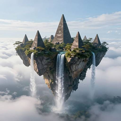 Photorealistic digital artwork of a floating island with pyramidal structures, cascading waterfalls, lush greenery, and surrounded by clouds.