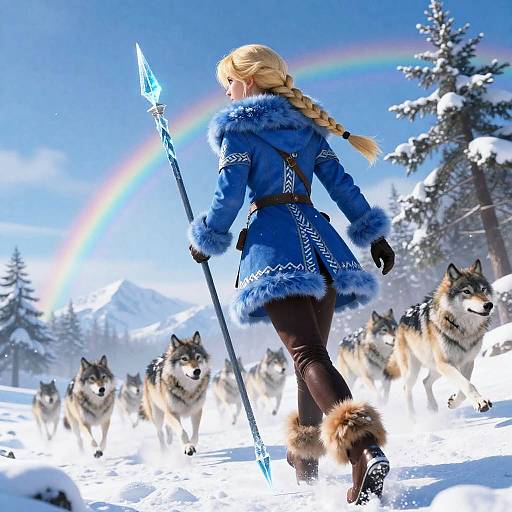 Fantasy Woman with Ice Spear and Wolves in Snowy Landscape