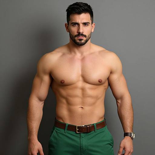 Photograph of a muscular, shirtless man with dark hair, trimmed beard, green pants, brown belt, and watch, standing against a gray background