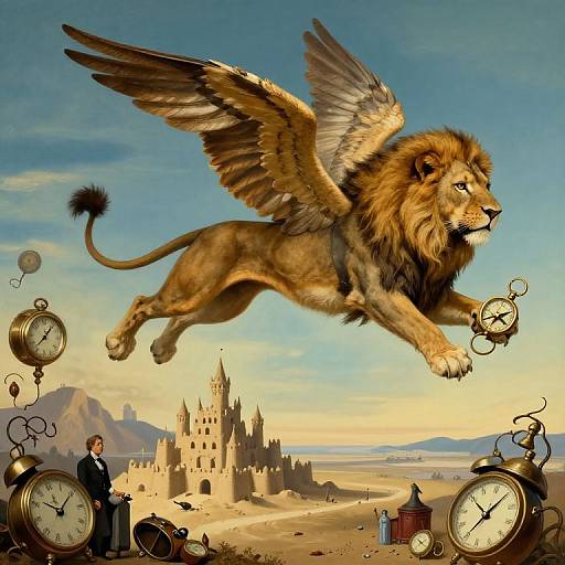Digital illustration of a winged lion with a golden mane soaring over a medieval castle, surrounded by floating clocks and a man in a suit.