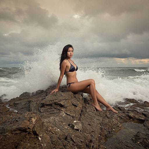 Photograph of a dark-haired woman in a black bikini sitting on rocky shoreline, waves crashing behind her, cloudy sky overhead.