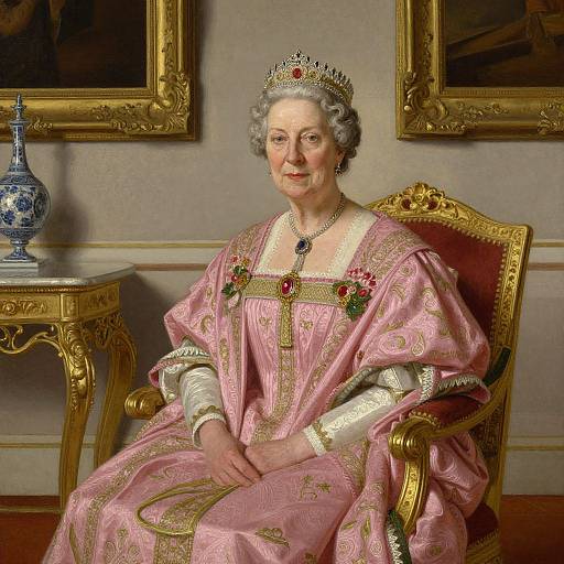 Photorealistic painting of an elderly white woman in a pink, gold-embroidered royal gown, seated on an ornate gold chair, wearing