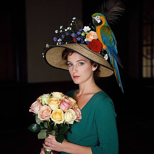 Photograph of a fair-skinned woman in a green dress, holding roses, wearing a straw hat adorned with a colorful parakeet, and floral