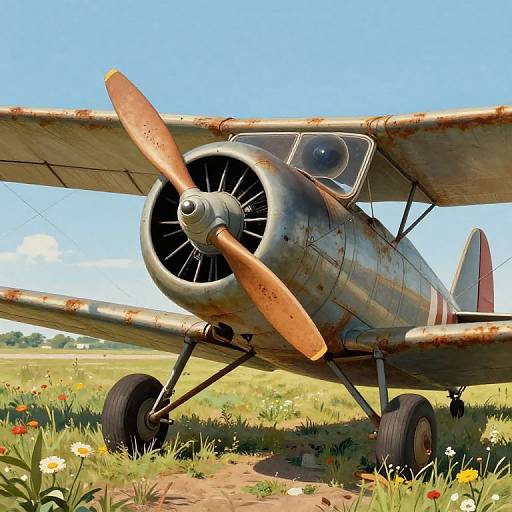 Photograph of a rusty, vintage, single-propeller airplane with a wooden propeller, parked on a grassy field with wildflowers under a clear