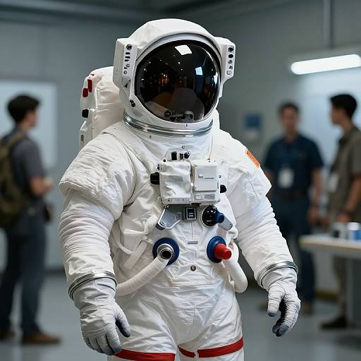 Photograph of an astronaut in a white space suit with a reflective visor, standing in a brightly lit room with blurred people in the background.