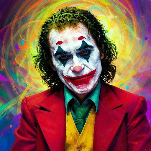 Digital artwork of Joker with vibrant colors: white face paint, red lips, black eye makeup, red suit, yellow shirt, curly black hair, swirling