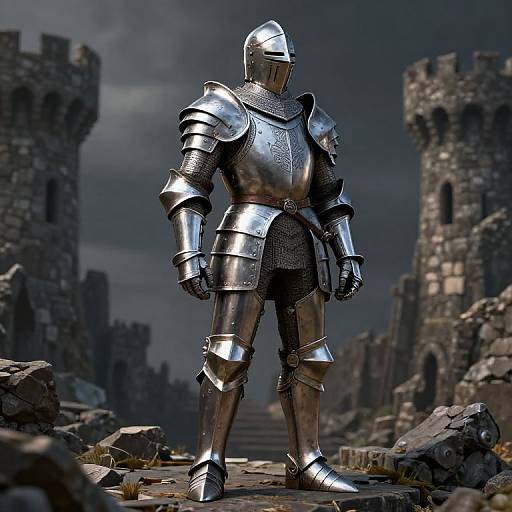 Photorealistic CGI of a medieval knight in shiny silver armor, standing in a ruined, stone castle courtyard under a stormy sky.