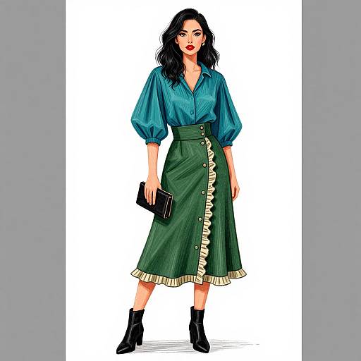 Digital illustration of a confident woman with wavy black hair, wearing a teal blouse, high-waisted green skirt with ruffle trim, black ankle