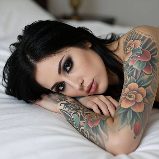 Photograph of a pale-skinned woman with black hair, lying on white bed, head resting on arm. She has dark eye makeup, full lips