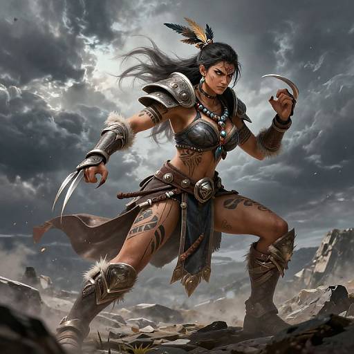Digital art of a fierce, dark-skinned warrior woman with black hair, feathered headdress, leather armor, and claws, standing on rocky terrain