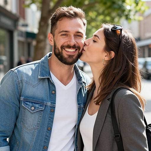 Photograph of a smiling bearded man in a denim jacket, being kissed on the cheek by a woman with brown hair, wearing sunglasses, a gray