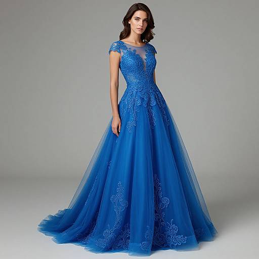 Elegant Woman in Blue Tulle Prom Gown
