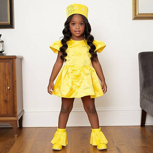 Photograph of a young Black girl in a bright yellow dress and matching hat, shoes, and cuffs, standing in a wooden-floored room with