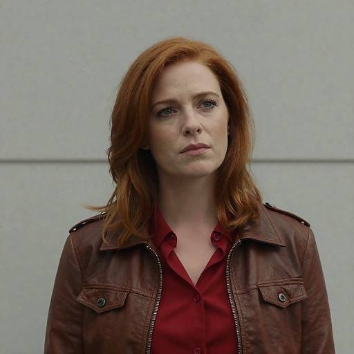 Woman with Red Hair in Brown Leather Jacket