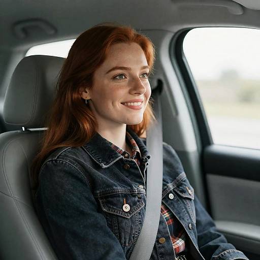 Smiling Woman in Denim Jacket Car