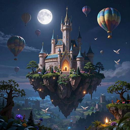 Fantasy Floating Castle with Hot Air Balloons