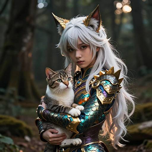 Fantasy Warrior Girl Holding Cat in Forest