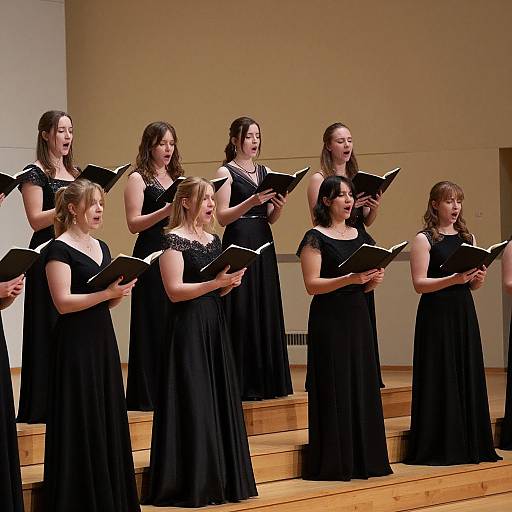 Photograph of eight young women in black dresses standing on wooden steps, singing, holding black music sheets, in a plain beige-walled room.