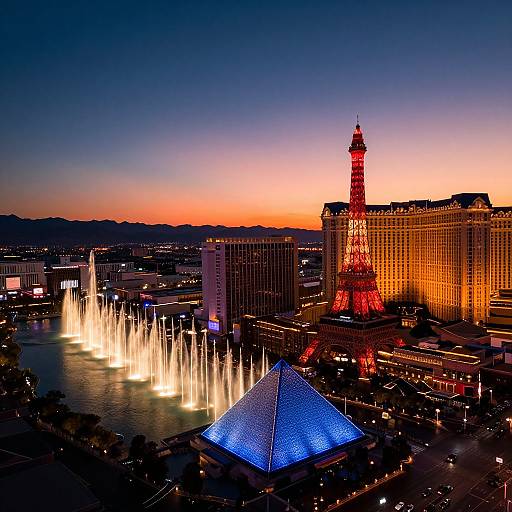 Photograph of Las Vegas at dusk, featuring illuminated fountains, a red Eiffel Tower replica, and a blue pyramid-shaped structure.