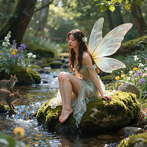 Photograph of a fair-skinned fairy with translucent wings, long brown hair, and green dress, sitting on mossy rock in sunlit forest stream