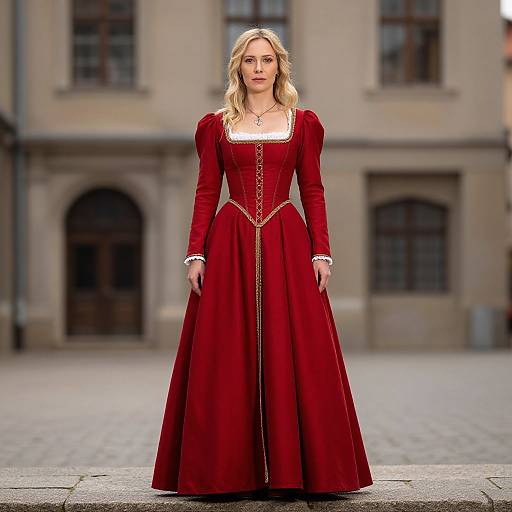 Photograph of a blonde woman in a long, red, medieval-style gown with puffed sleeves, standing in front of a blurred, beige, historic