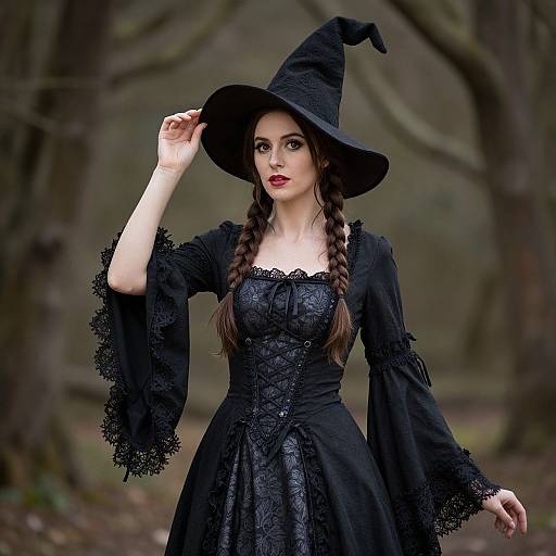 Photograph of a pale-skinned woman with dark red lipstick, wearing a black lace Victorian-style witch dress and hat, standing in a blurred, forest