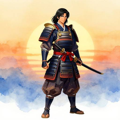 Digital artwork of a samurai with black hair, wearing traditional armor, holding a katana, standing against a sunset sky.