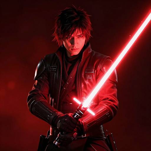 Photograph of a dark-haired man in black leather armor holding a glowing red lightsaber, illuminated against a red, smoky background. Intense,