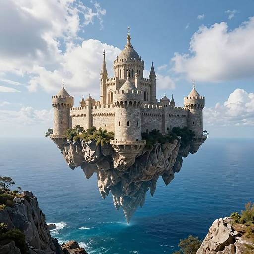 Photorealistic CGI of a floating, medieval-style stone castle with towers and spires, hovering above a rugged sea cliff and ocean.