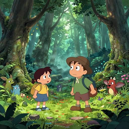 Colorful digital illustration of two children, one in a yellow shirt and blue shorts, the other in green with a hat, standing in a sunlit