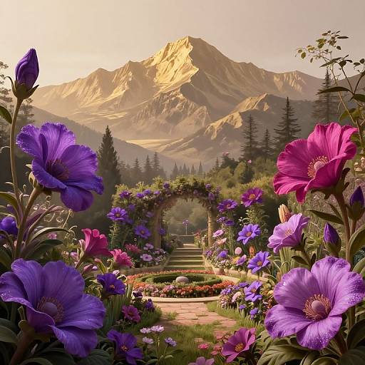 Digital art: Vibrant purple and pink flowers frame a garden pathway leading to an arched trellis, with sunlit mountains in the background.