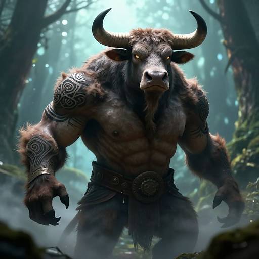 CGI fantasy image of a muscular, anthropomorphic minotaur with glowing eyes, black tribal tattoos, and large horns, standing in a misty