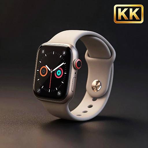 Photograph of a sleek, white smartwatch with a black touchscreen display, featuring red and blue circular buttons, on a black background with a 