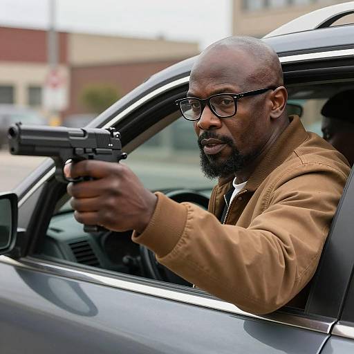 Intense Urban Scene with Gunman in Car