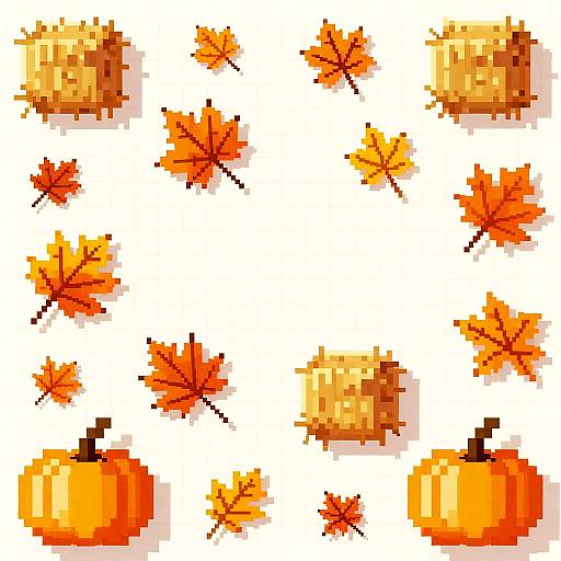 Pixel art image of orange and yellow autumn leaves, acorns, and pumpkins scattered on a white background. Retro, blocky design.
