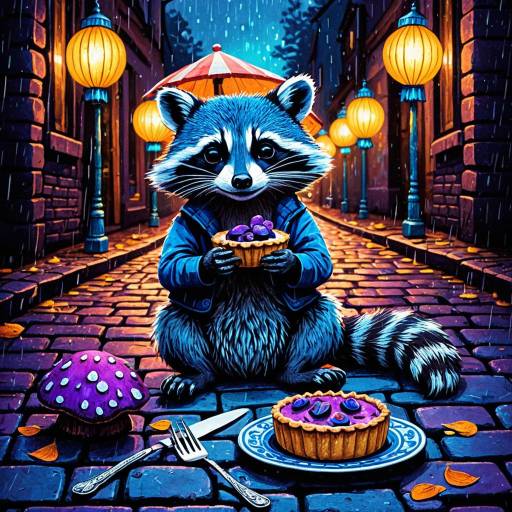 Whimsical Blue Raccoon with Purple Mushroom Pie Whimsical Blue Raccoon with Purple Mushroom Pie
