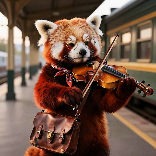 Red Panda Violinist on Golden-Hour Platform