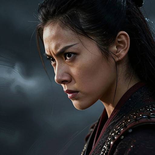 Photograph of a focused Asian woman with dark hair in a bun, wearing a detailed, dark-patterned robe, against a blurred, dark, mo