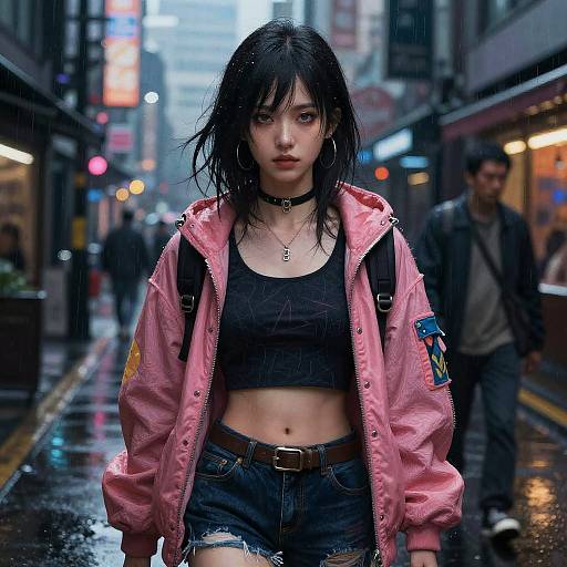 Photograph of a young Asian woman with black hair, wearing a pink jacket, black crop top, and denim shorts, walking in a rainy, neon