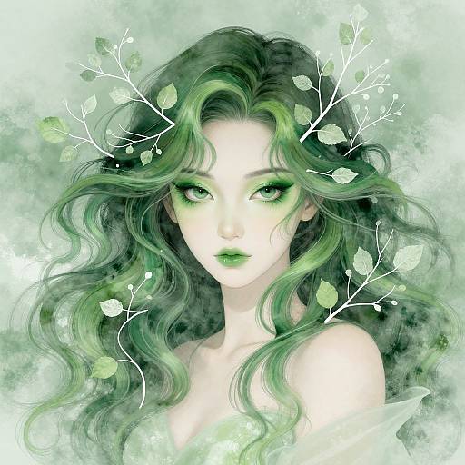 Digital painting of a pale, green-eyed woman with long, wavy green hair, adorned with white leafy branches, against a misty green background