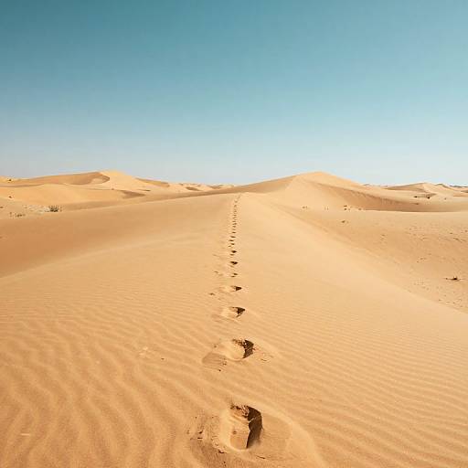 Photograph of a sunlit desert with golden sand dunes, a single footpath of footprints leading into the horizon under a clear blue sky.